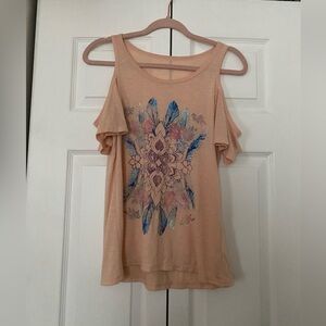Jessica Simpson Peach Cold Shoulder Tank with Blue Floral Design
